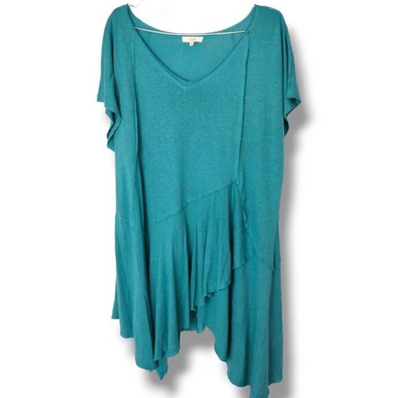 Easel Womens Dress Sz Teal Asymmetric‎ Short Sleeves Rayon Knit Pullover Casual - Picture 1 of 16